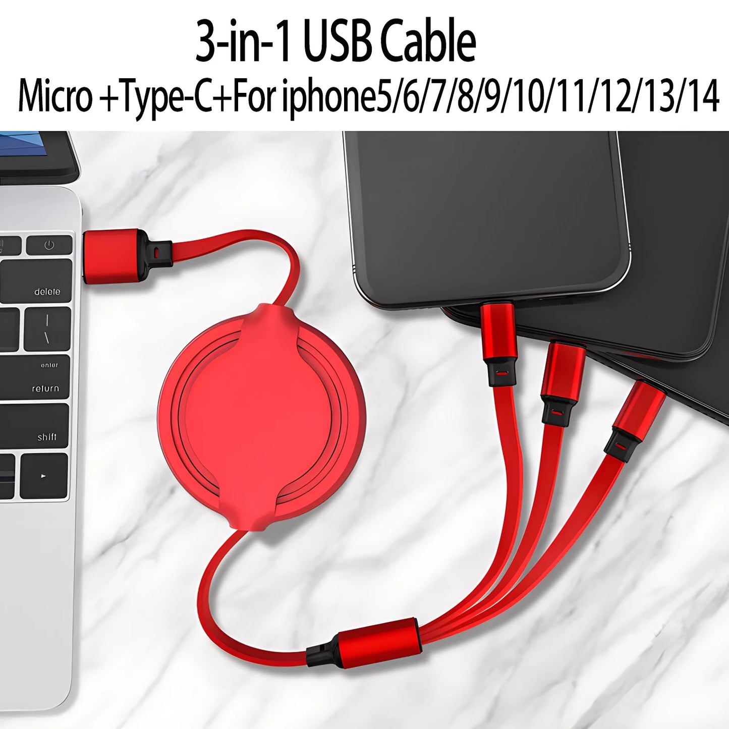 New Retractable 1-to-3 6A super fast charging is suitable for Android TYPE-C Apple braided three-in-one mobile phone data cable