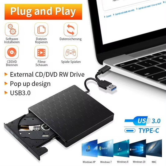 2in1 USB3.0 C Slim External DVD RW CD Writer Drive Burner Reader Player Optical Drives For Laptop PC DVD Burner DVD Portatil